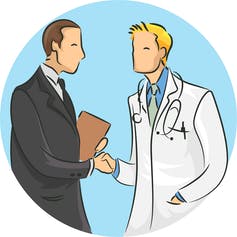 Illustration of a pharma rep shaking hands with a doctor
