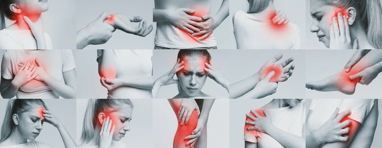 Black and white images of a woman with a red patch of pain in various locations