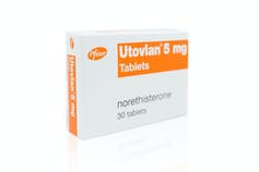 A box of the period delay tablet Utovlan.