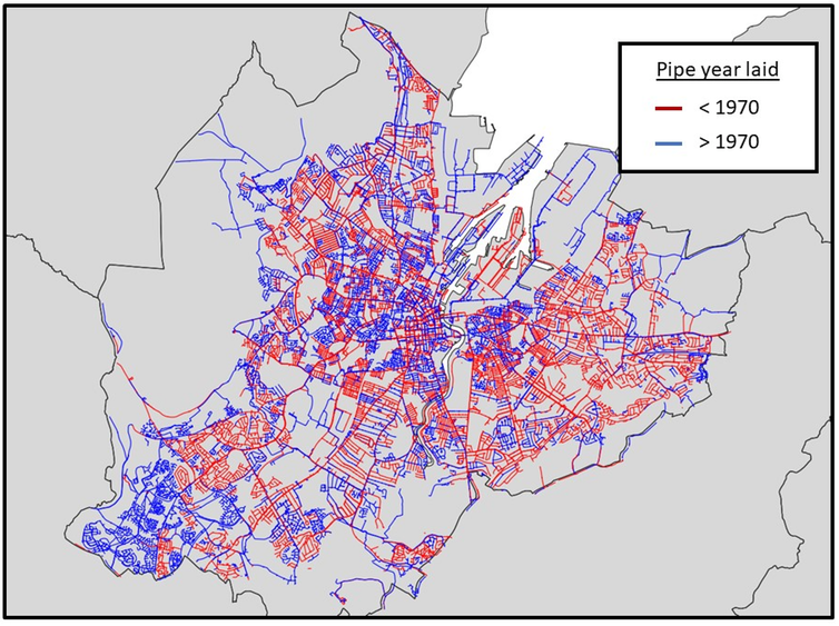 Map showing the location of lead pipe-supplied homes in Belfast.