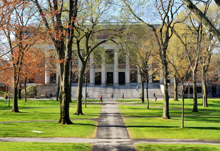 University campus steps seen across a field.