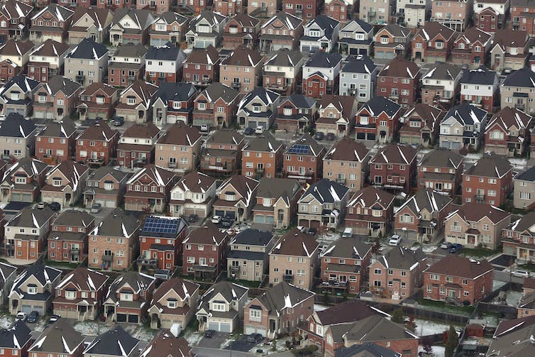 Aerial view of a subdivision of housing