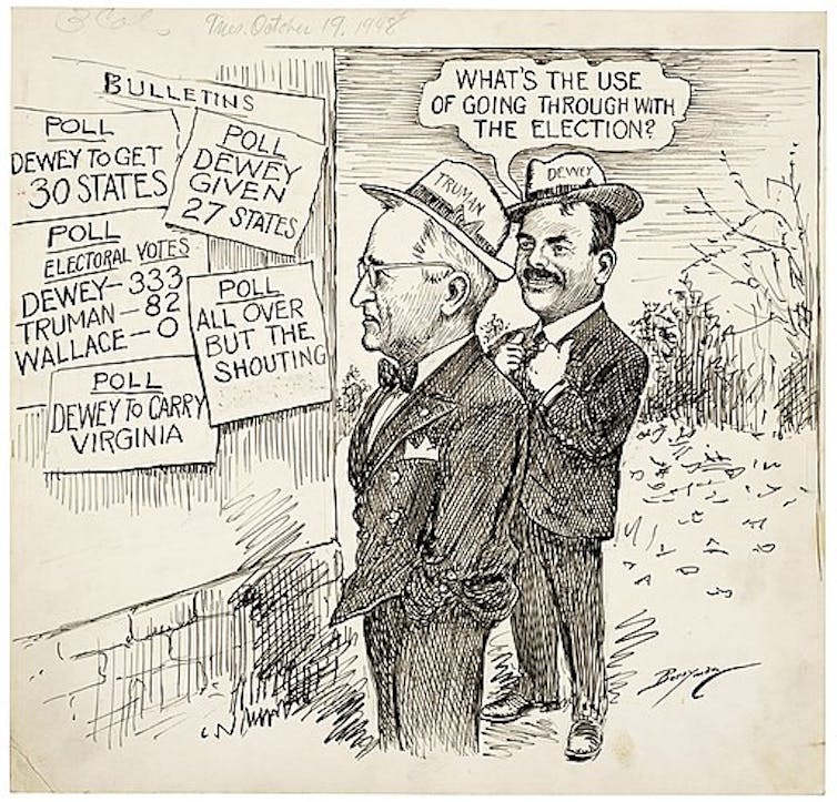 Satirical cartoon of Harry Truman looking at poll results showing he will lose election while his opponent says 'What's the use of going through with the election?'