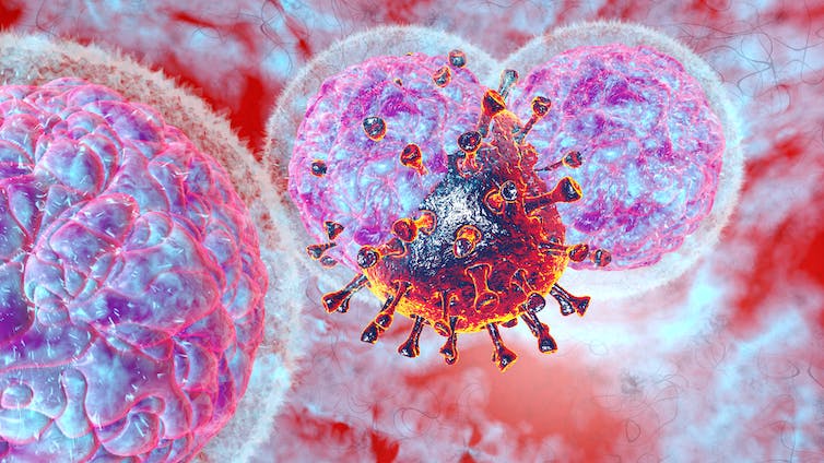 A digital image of a group of natural killer cells attacking a COVID cell.