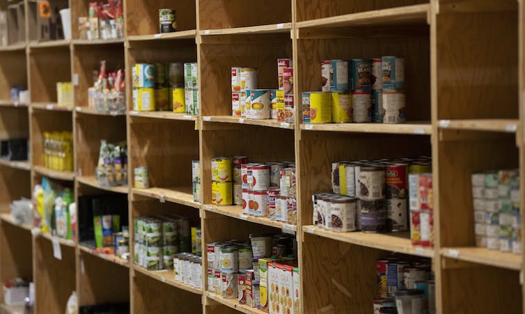Wooden shelves lined with canned goods.