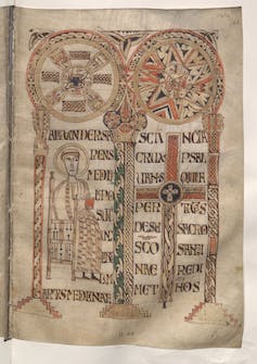 Medieval manuscript page with an illustration of a robed physician on the left column of the page and a cross on the right column.