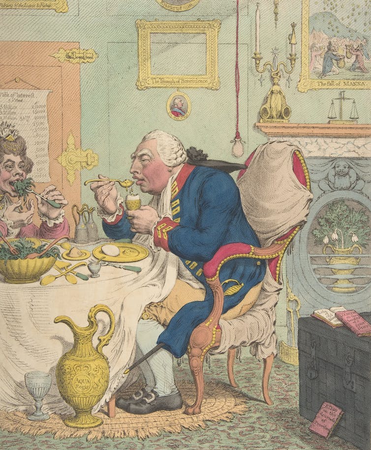 King George III eats a frugal meal of boiled eggs -- within luxurious surroundings -- with wife, Queen Charlotte, who eats leafy greens.