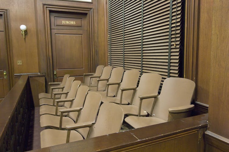 Jury seats in a courtroom.