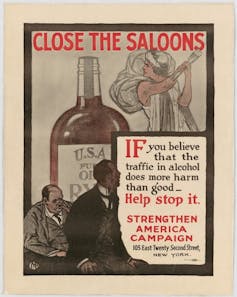 A faded poster with an illustration of a person about to smash a huge bottle of alcohol, and the message 'Close the saloons' at the top.