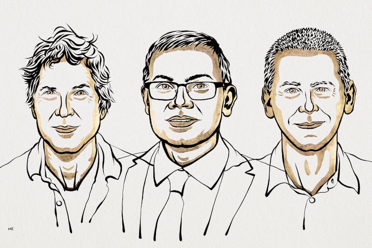 Illustration of the three men awarded the 2024 Nobel prize in chemistry.