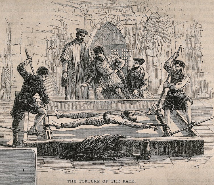 An engraving depicting a person being tortured on the rack.