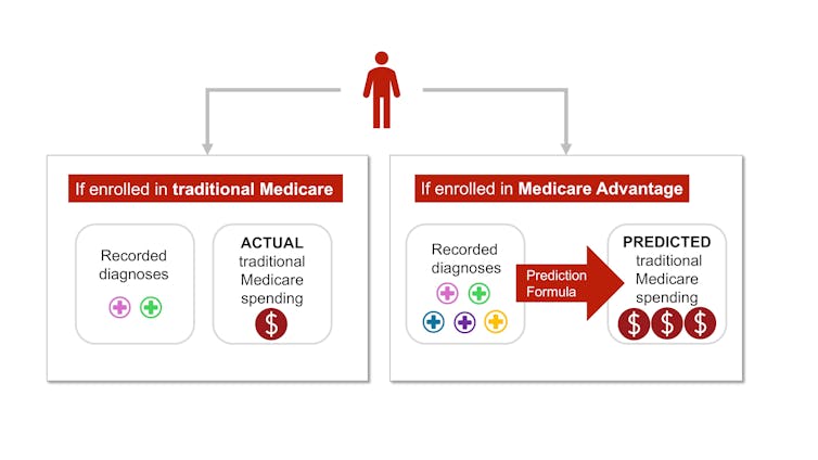 Human figure with arrows to two boxes. Left box has two plus symbols labelled  recorded diagnoses and one dollar sign. Right box has five symbols and three dollar signs.