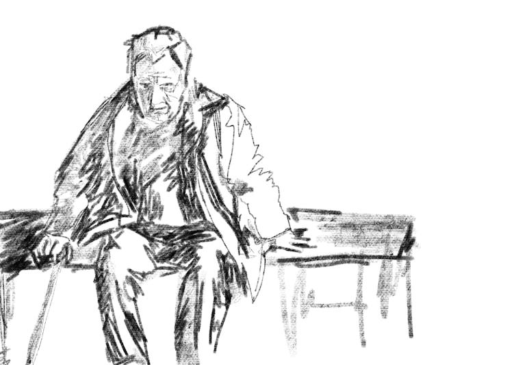 Illustration of an older man, sitting and thinking.