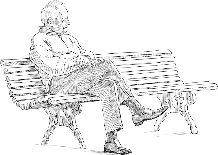 Illustration of an older man sitting on his own on a park bench.