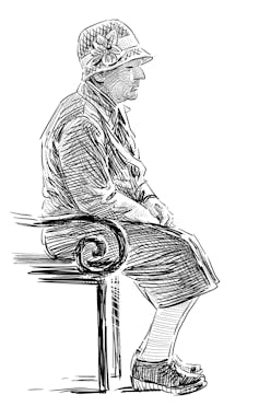 Drawing of an older woman in a hat and coat, sitting and thinking.