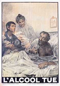 Artwork of an alcoholic man on his deathbed.