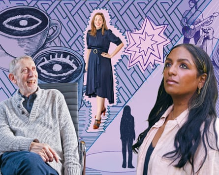 Photographs of Michael Rosen, Lucy Prebble and Anita Bhagwandas are included in an illustration of cups of coffee and a live gig