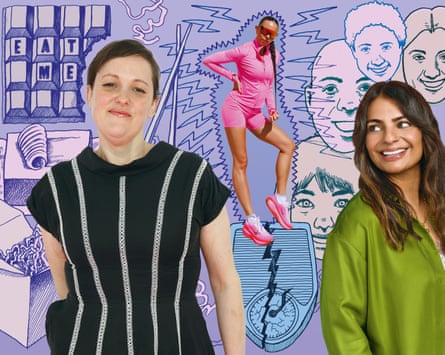 Photograps of Josie Long, Louise Hazel and Meera Sodha added to an illustration of food and drink saying ‘Eat me’, bathroom scales and smiling people