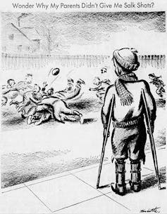 A drawing of a boy on crutches watching children play