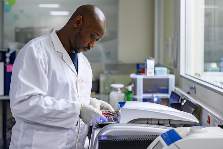 A laboratory technician examines samples in a research laboratory.