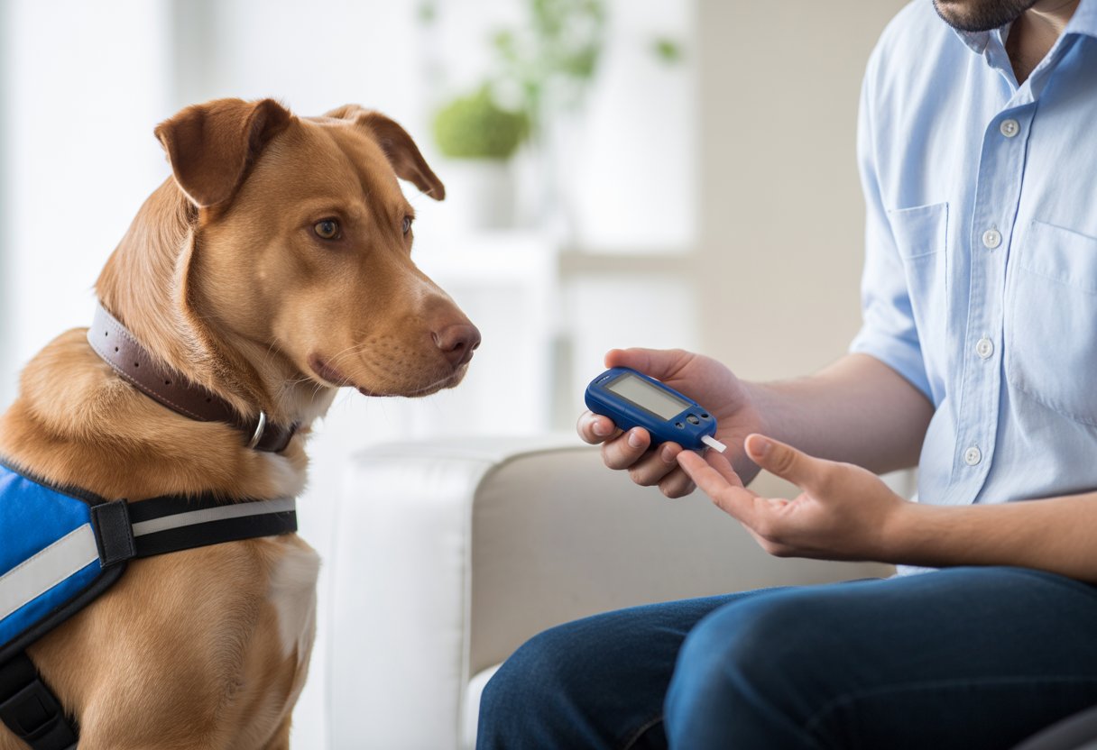 A dog wearing a service vest sits attentively next to a person checking their blood glucose monitor.