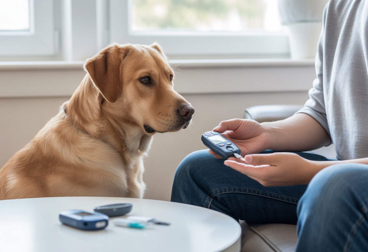 A person checking their blood sugar levels with a glucometer while a focused dog sits attentively beside them in a bright home setting.