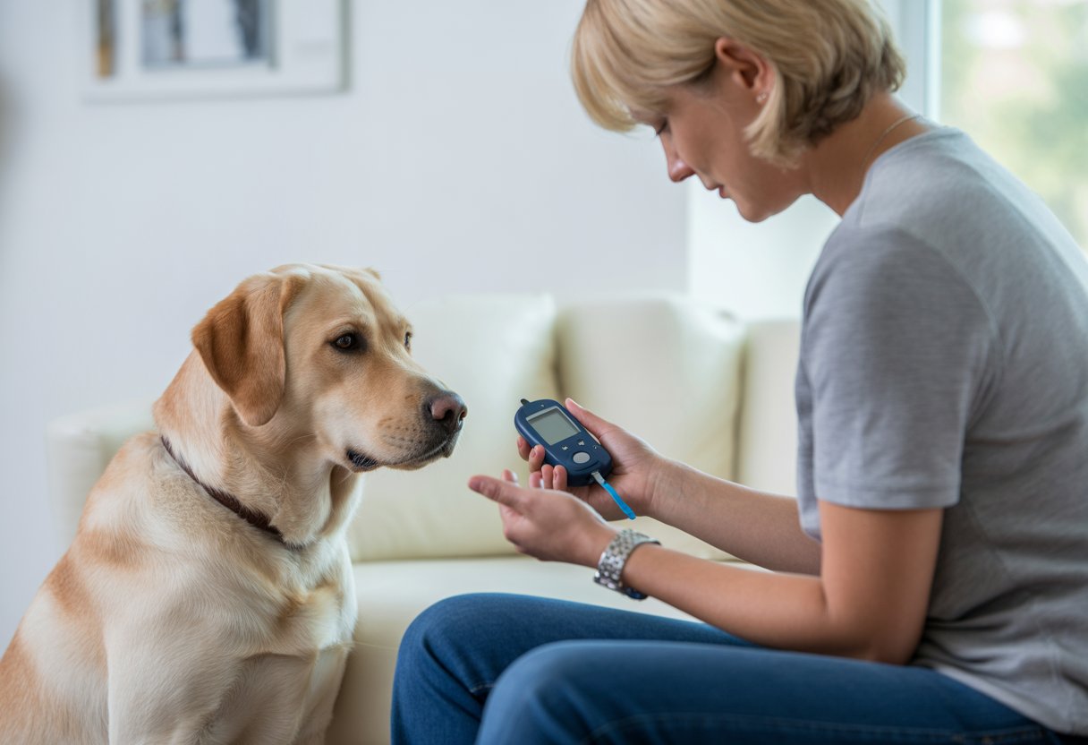 A trained diabetic alert dog attentively sitting next to a person who is checking their blood sugar level with a glucose meter indoors.