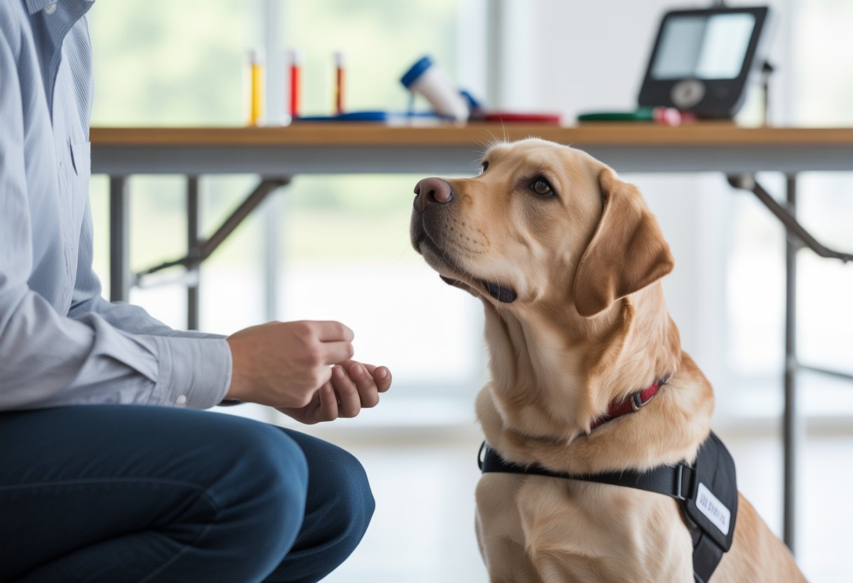 A diabetic alert dog sitting attentively next to a person in a training setting with medical training tools nearby.