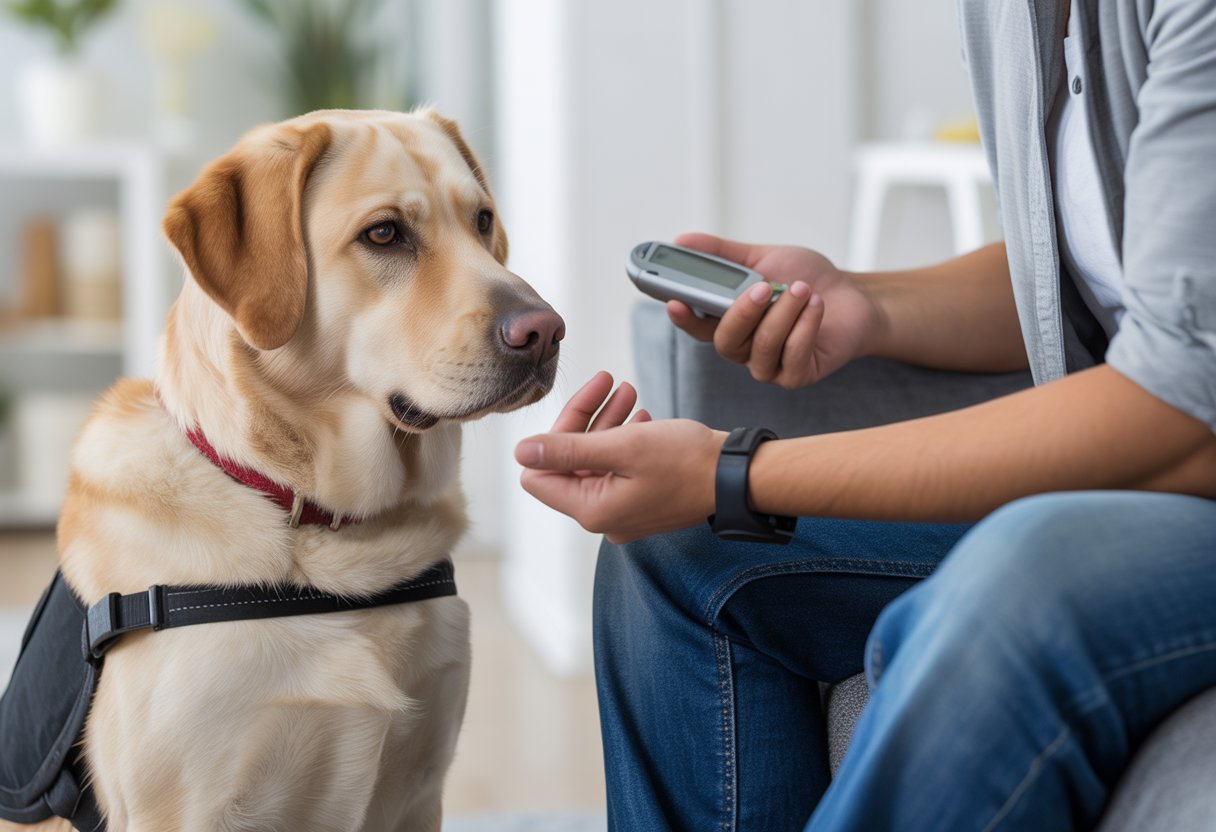 A person sitting indoors with a diabetic alert dog wearing a service vest, showing a caring interaction.