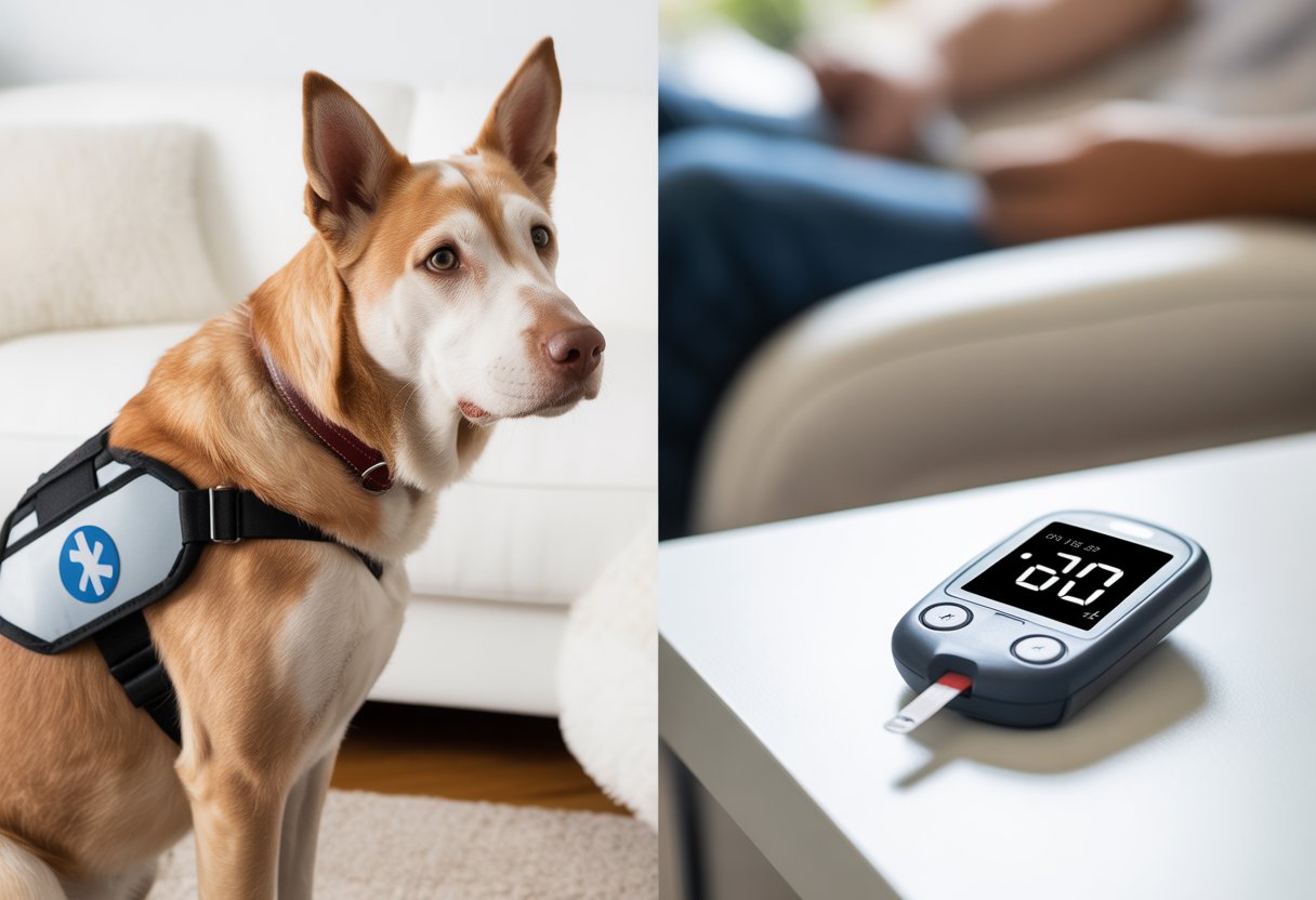 A service dog wearing a medical alert harness sits next to a glucose monitoring device displaying a blood sugar reading.