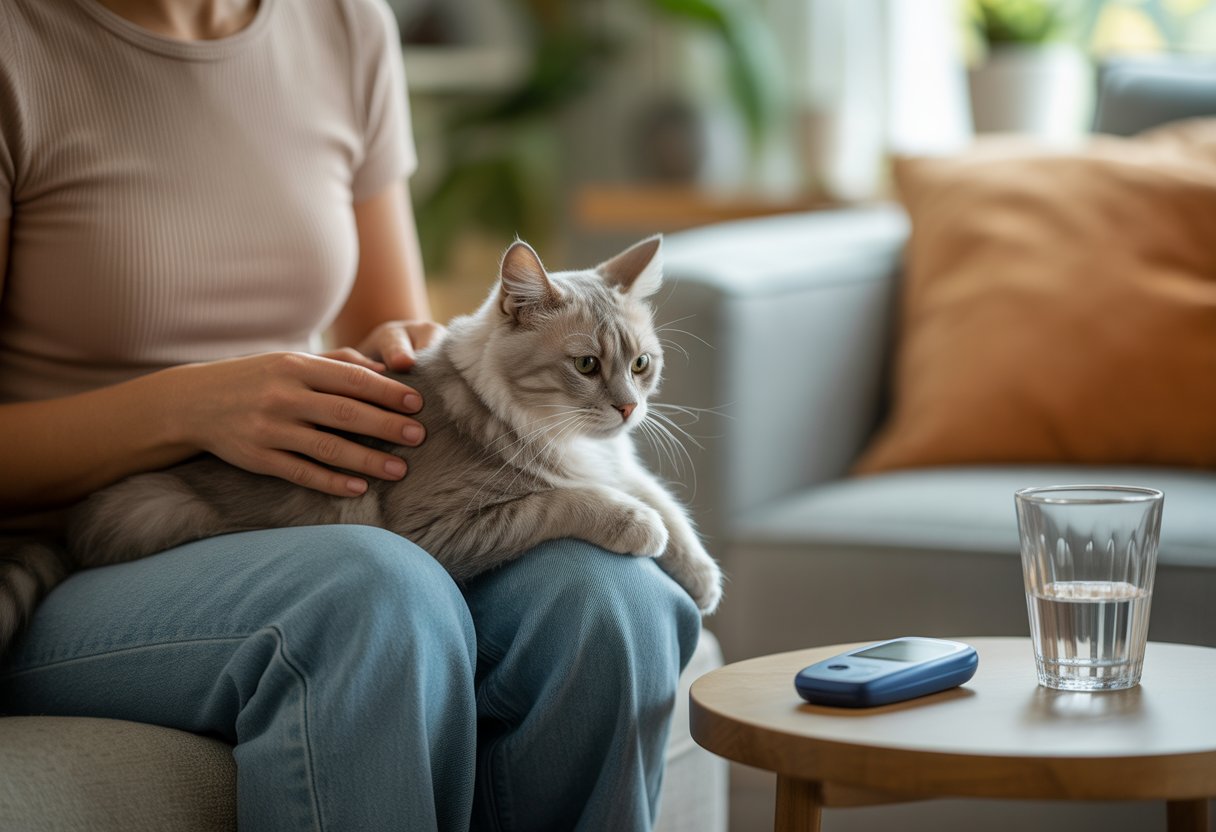 A person sitting indoors, gently petting a relaxed cat on their lap with a blood glucose monitor on a nearby table.