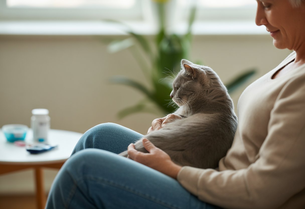 A person sitting in a living room gently petting a relaxed cat on their lap with diabetes management items on a nearby table.