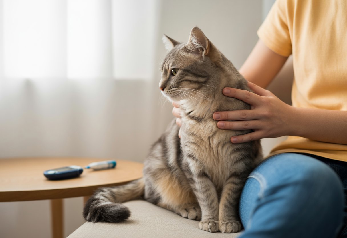 A person gently petting a calm cat in a cozy living room with a glucometer on a nearby table.