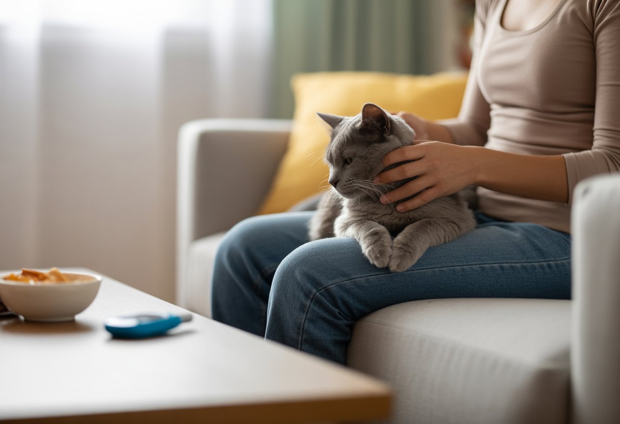 A person sitting on a sofa gently petting a calm cat on their lap in a cozy living room.
