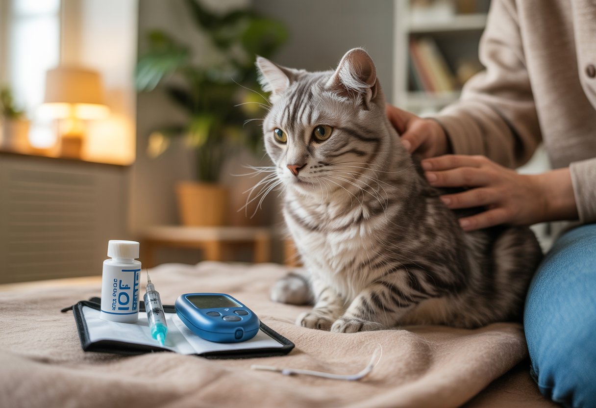 A person gently petting a relaxed cat sitting on a blanket next to diabetes management supplies in a cozy living room.