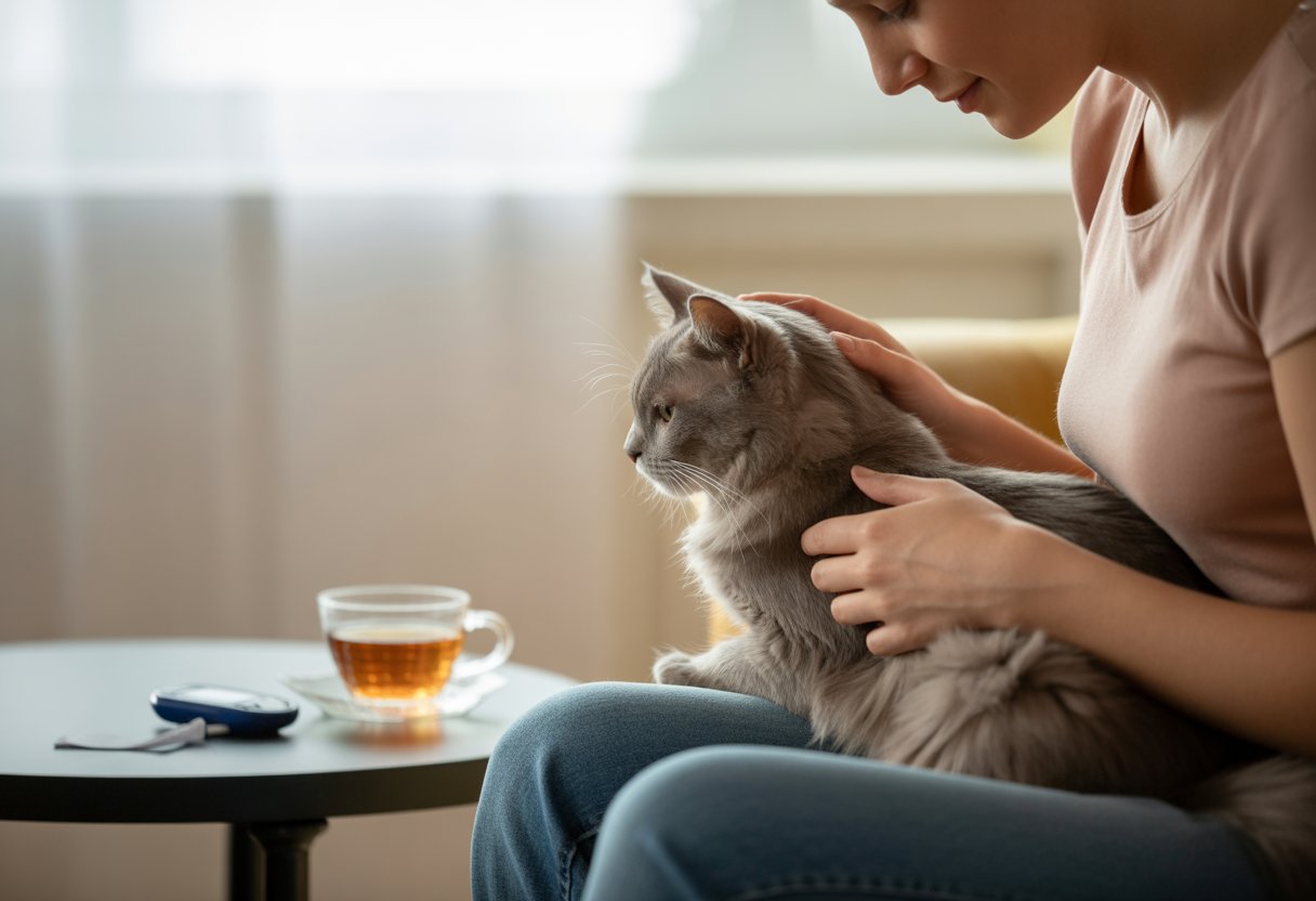 A person gently petting a relaxed cat on their lap in a cozy living room with a glucose monitor and a cup of tea on a nearby table.