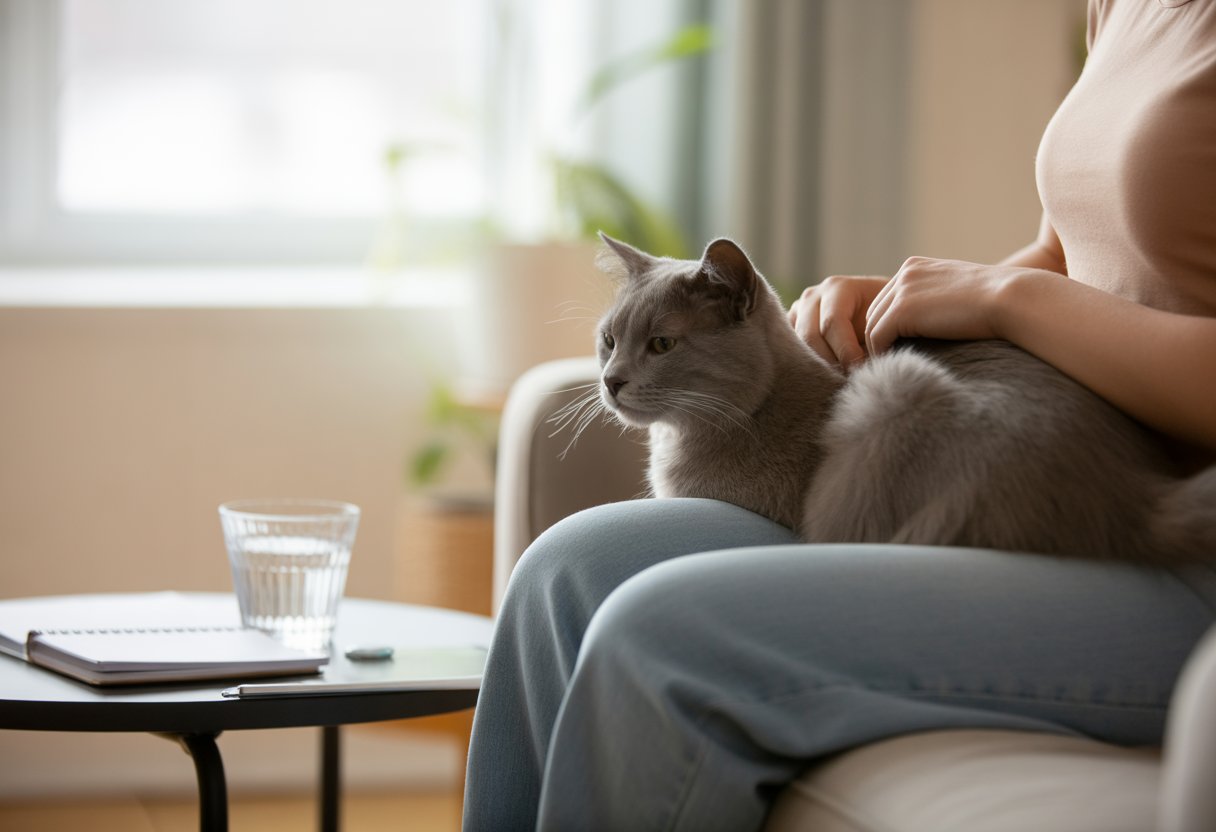 A person gently petting a relaxed cat sitting on their lap in a bright living room.