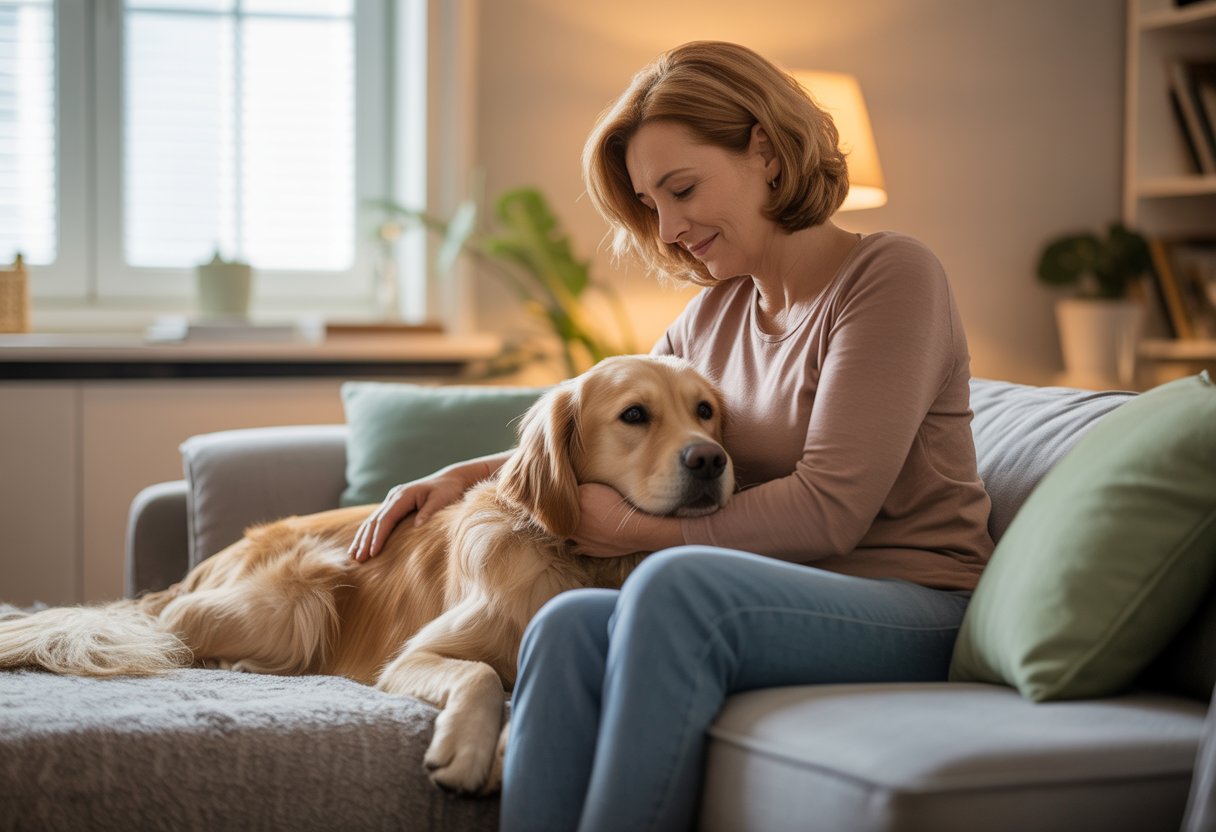A woman sitting on a couch gently petting a golden retriever lying beside her in a cozy living room.