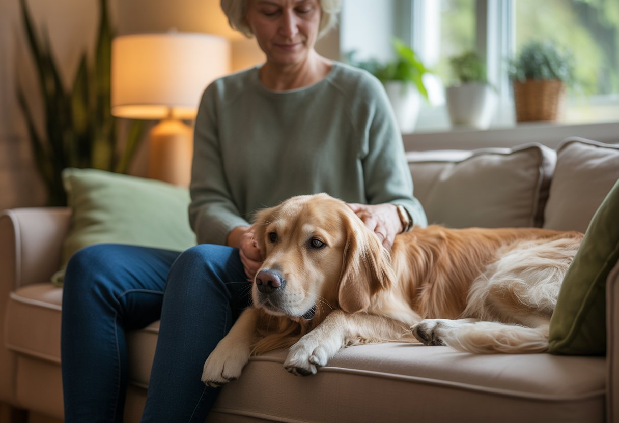A person sitting on a sofa gently petting a relaxed golden retriever in a cozy living room.