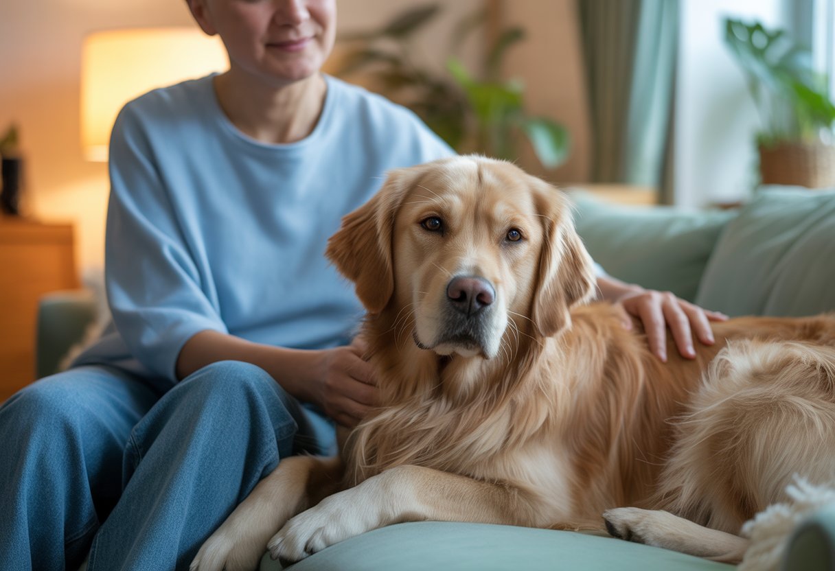 A person sitting on a couch gently petting a calm golden retriever in a cozy living room.