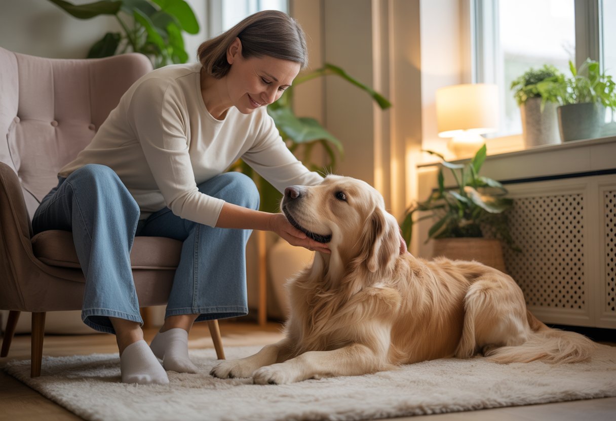 A middle-aged woman sitting in a living room petting a calm golden retriever lying beside her.