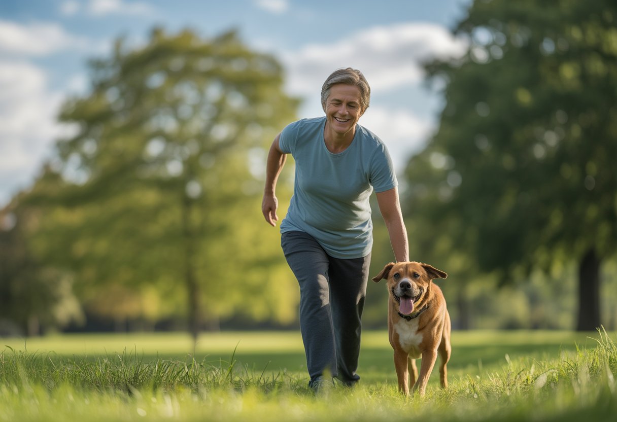A person walking and stretching outdoors in a park with a happy dog by their side.