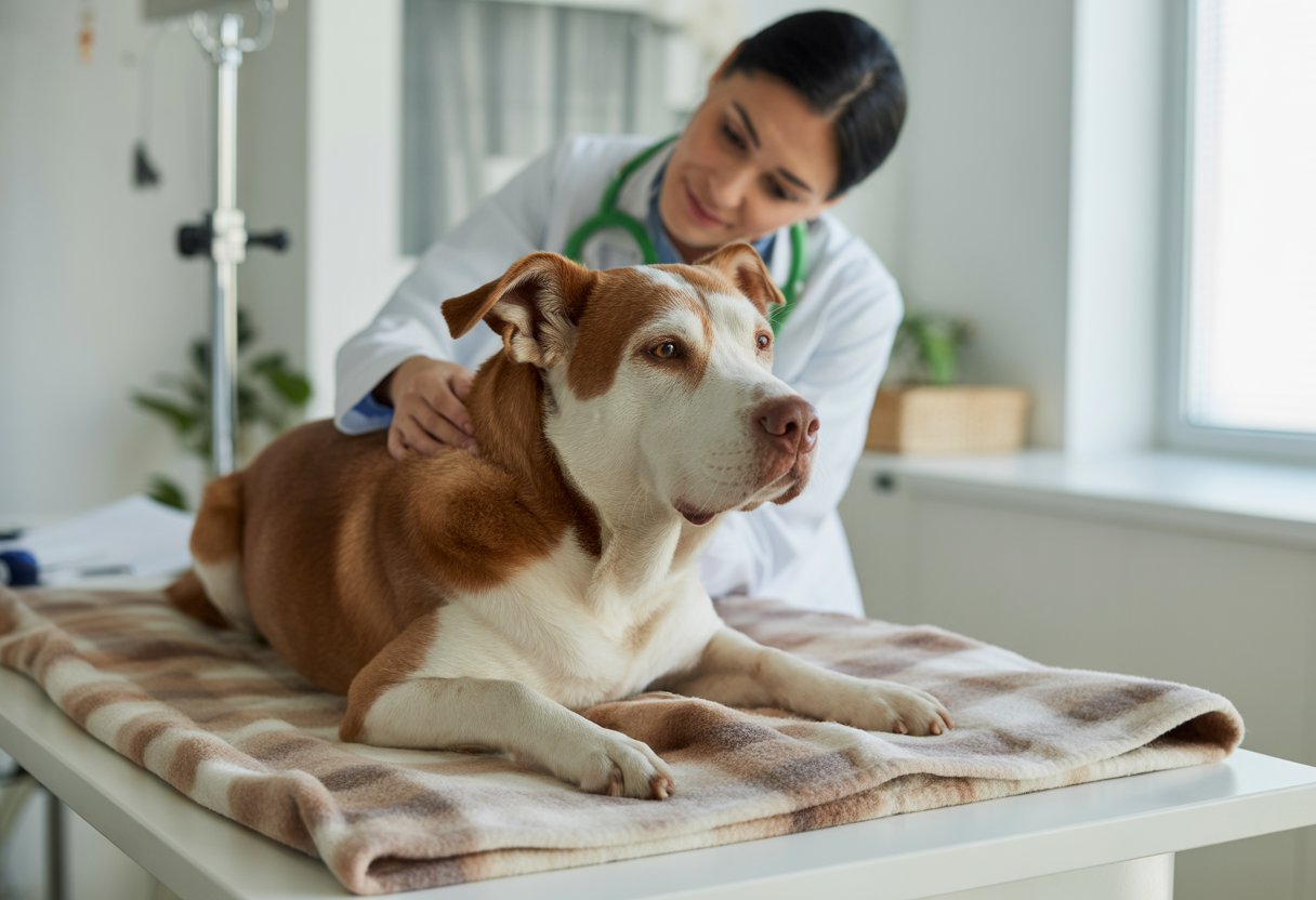 A veterinarian gently examining a calm dog resting on a blanket in a veterinary clinic.