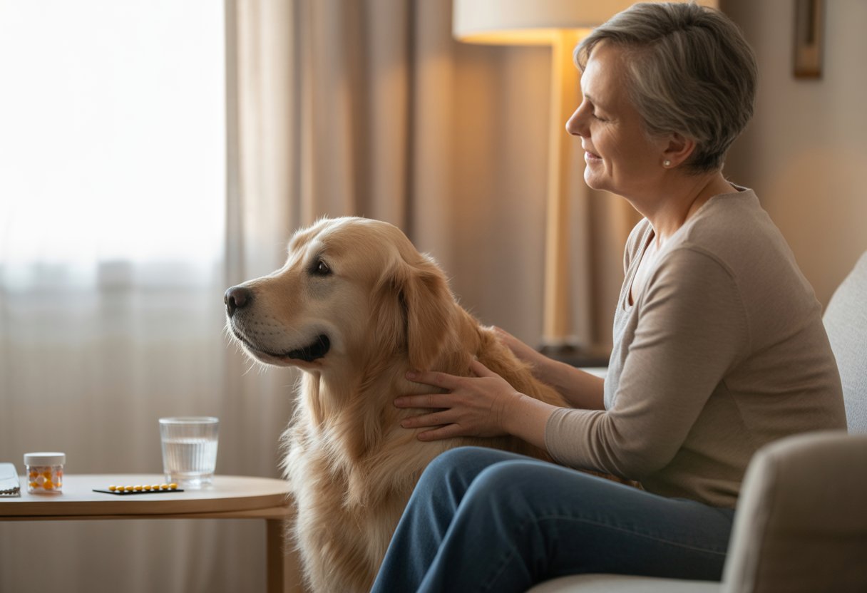 A person sitting on a couch petting a calm golden retriever in a cozy living room, showing comfort and companionship.