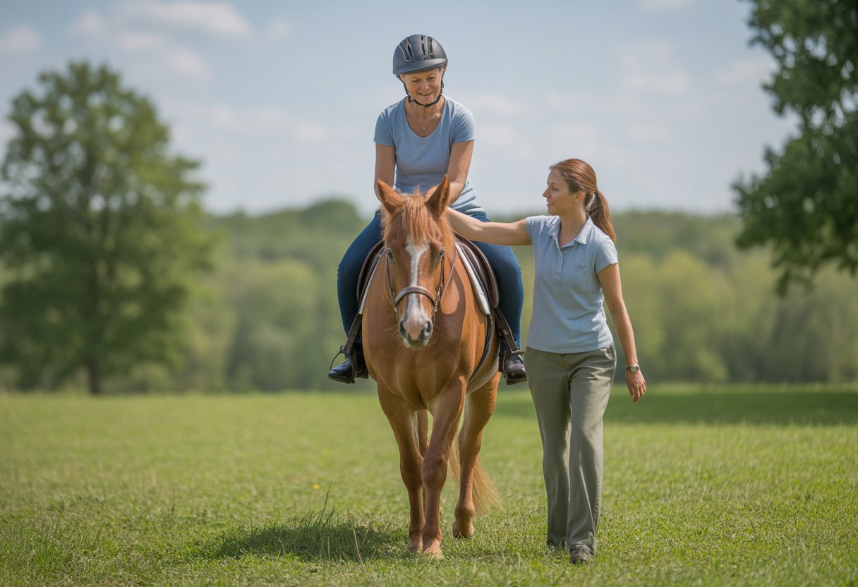 A woman with multiple sclerosis riding a horse outdoors, guided by a therapist in a green pasture.