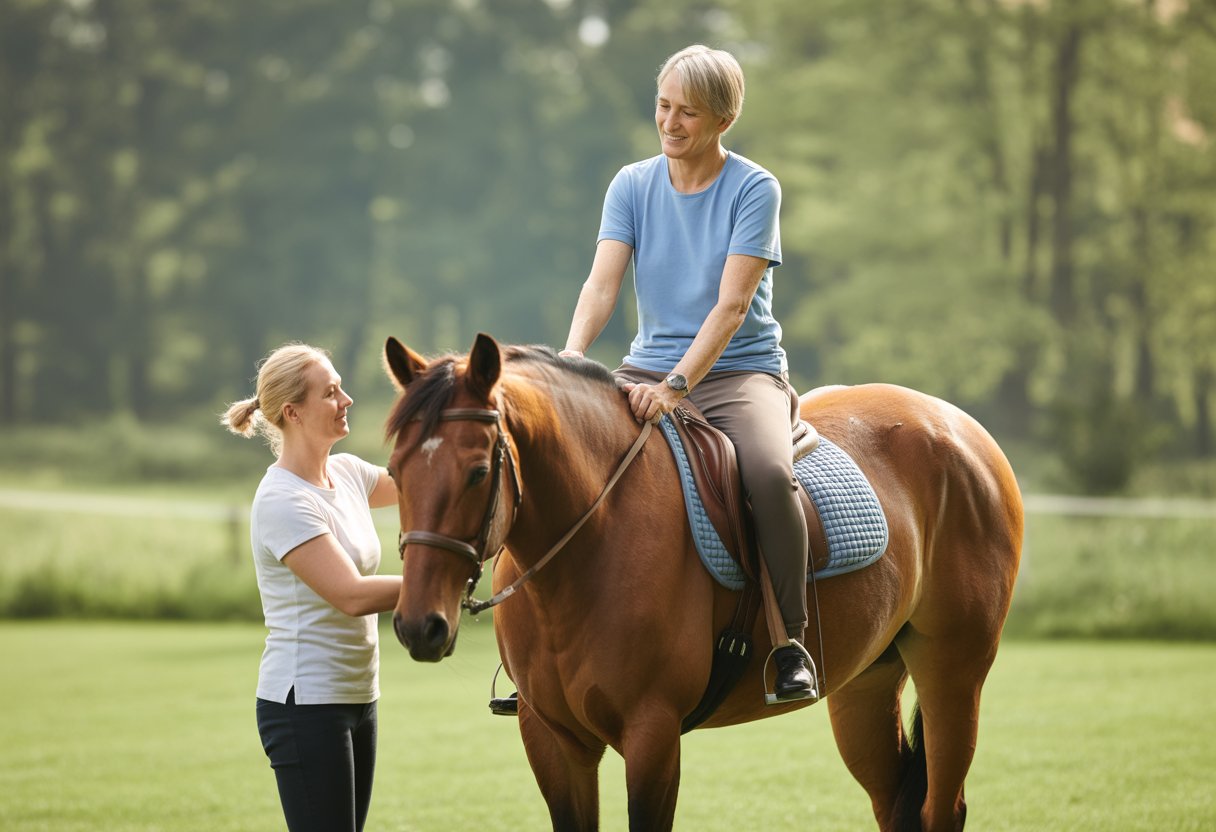 A person with multiple sclerosis riding a horse outdoors, supported by a therapist in a green field.