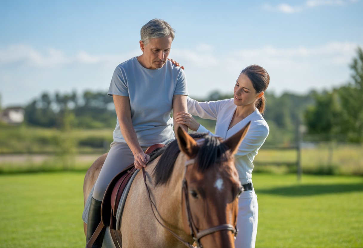 A therapist assists a patient sitting on a horse during an outdoor equine therapy session.