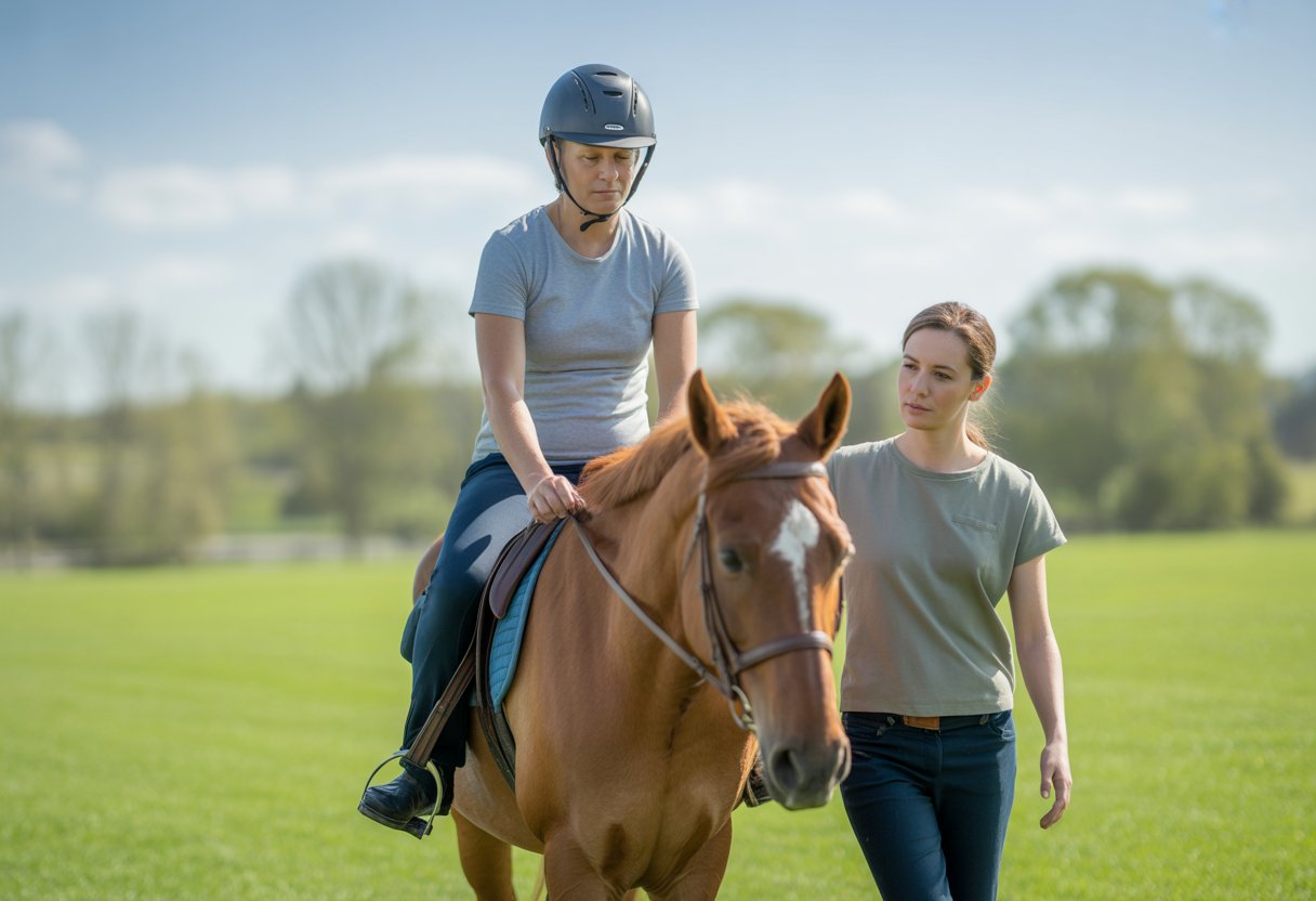 A person with multiple sclerosis riding a horse outdoors, guided by a therapist in a green field on a sunny day.