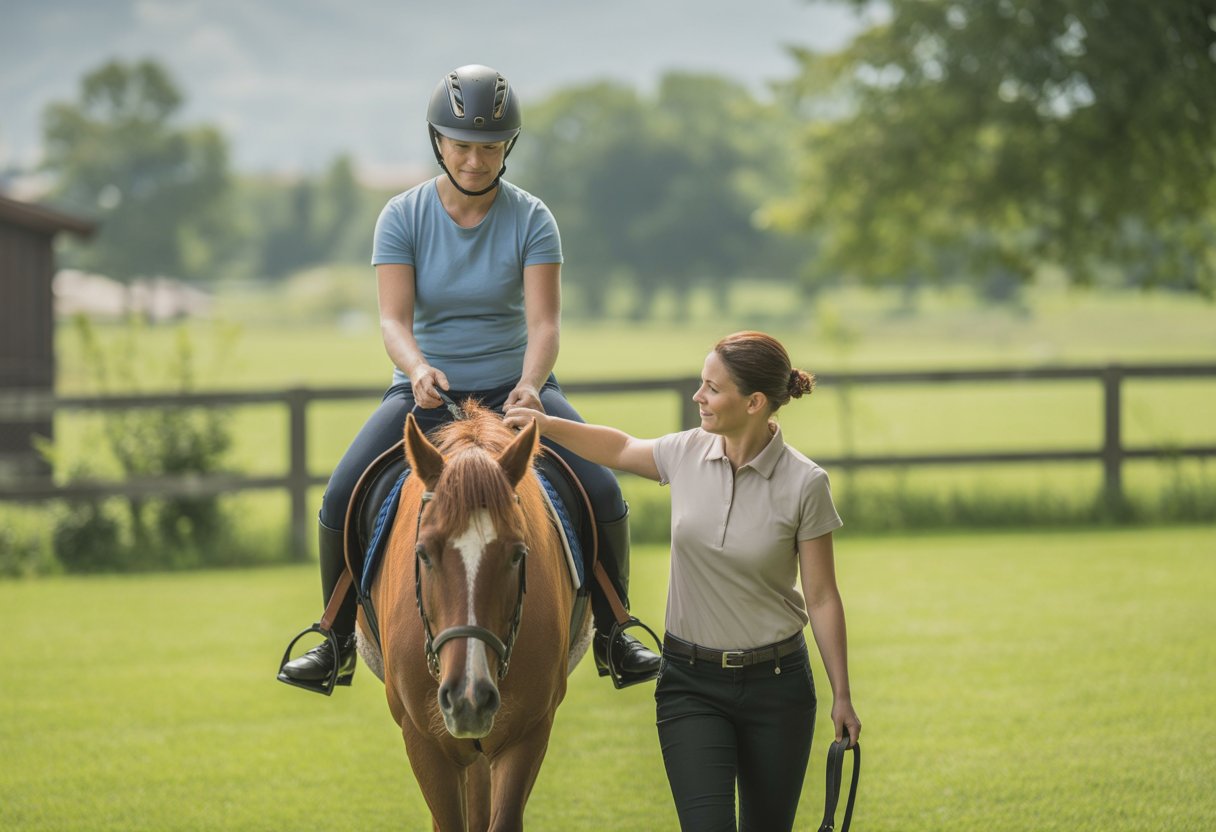 A person riding a horse outdoors with a therapist walking beside them at an equestrian center.
