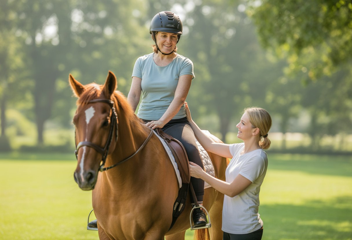 A woman with multiple sclerosis riding a horse outdoors, assisted by a therapist holding the reins in a green field.